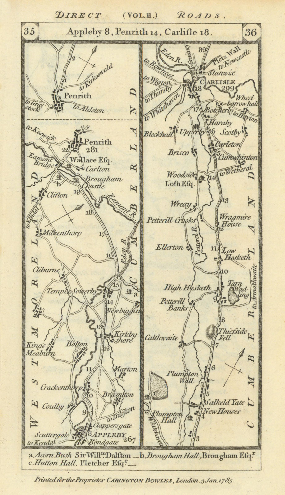 Appleby-Temple Sowerby-Penrith-Hesket-Carlisle road strip map PATERSON 1785